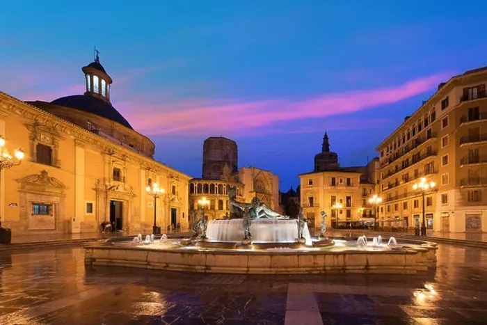 Framed Print : Fountain Rio Turia on Square of the Virgin Saint Mary, Valencia Cathedral, Basilica of Virgen the Helpless at night in Valencia, Spain Framed Print : Fountain Rio Turia on Square of the Virgin Saint Mary, Valencia Cathedral, Basilica of Virgen the Helpless at night in Valencia, Spain