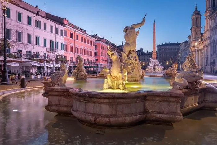 Framed Print : Fountains in Piazza Navona in Rome, Italy at twilight Framed Print : Fountains in Piazza Navona in Rome, Italy at twilight