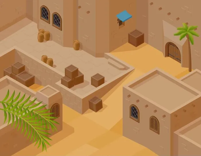 Framed Print : Fragment of desert landscape with traditional mud brick houses isometric background vector illustration