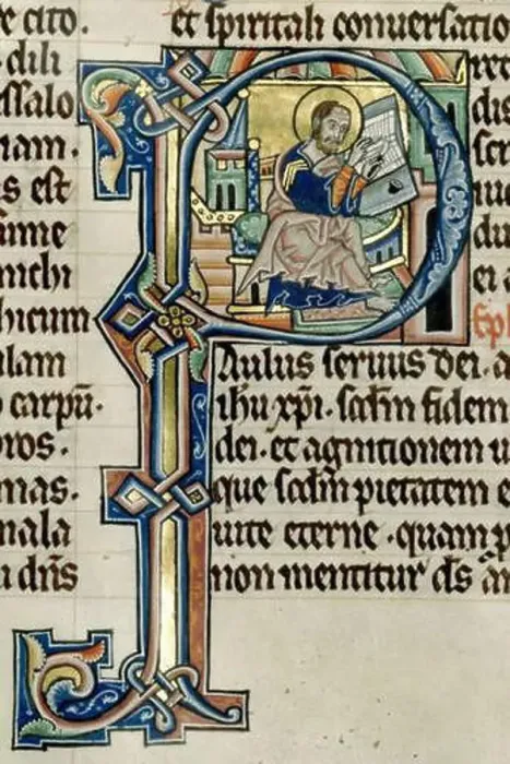 Framed Print : Français : Lettrines P représentant un copiste écrivant sur un parchemin à l'aide d'une plume d'un encrier et d'un Framed Print : Français : Lettrines P représentant un copiste écrivant sur un parchemin à l'aide d'une plume d'un encrier et d'un