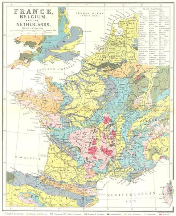 Framed Print : FRANCE: Belgium & Netherlands geological, c1885 antique map Framed Print : FRANCE: Belgium & Netherlands geological, c1885 antique map