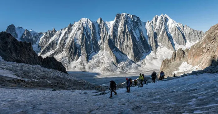 Framed Print : France, Chamonix, Argentiere Glacier, Les Droites, Les Courtes, Aiguille Verte, group of mountaineers Framed Print : France, Chamonix, Argentiere Glacier, Les Droites, Les Courtes, Aiguille Verte, group of mountaineers