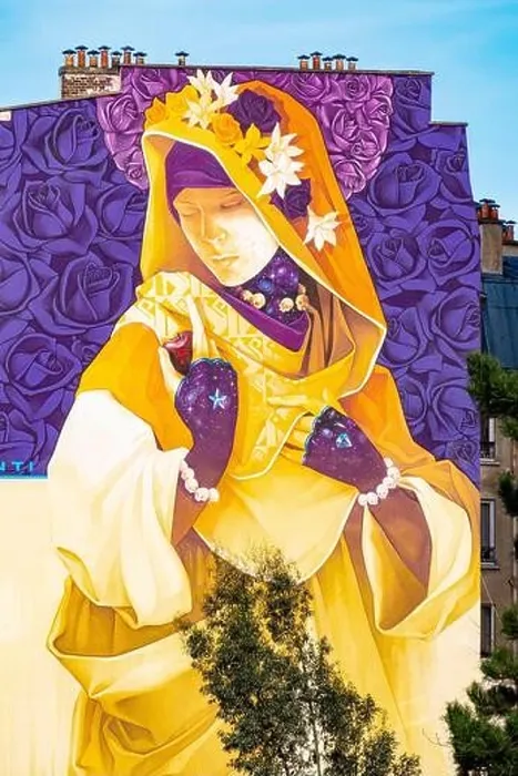 Framed Print : France, Paris, 13th arrondissement, Street Art, the metro line 6 in front of the artist's work La Madre Secular © Inti Framed Print : France, Paris, 13th arrondissement, Street Art, the metro line 6 in front of the artist's work La Madre Secular © Inti