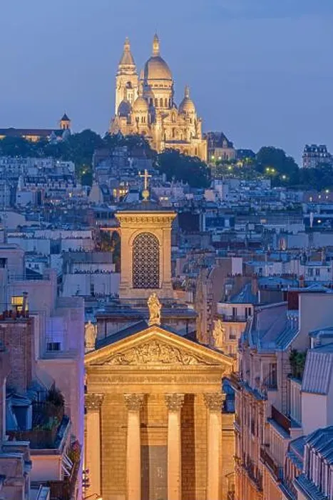 Framed Print : France, Paris, the Sacre Coeur basilica on the Montmartre hill and the Notre Dame de Lorette church illuminated at night Framed Print : France, Paris, the Sacre Coeur basilica on the Montmartre hill and the Notre Dame de Lorette church illuminated at night