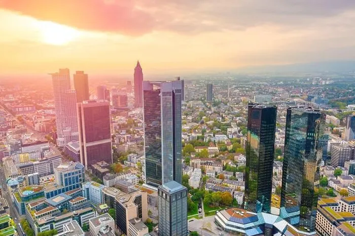 Framed Print : Frankfurt; Germany cityscape from above at dusk Framed Print : Frankfurt; Germany cityscape from above at dusk