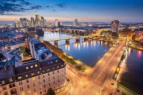 Frankfurt, Germany skyline over the Main River at dusk