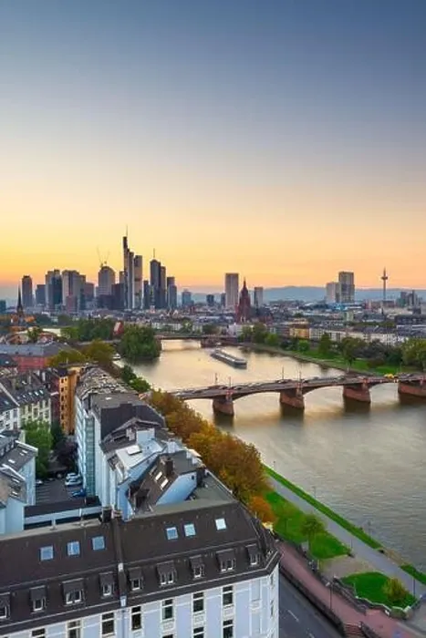 Framed Print : Frankfurt, Germany skyline over the Main River at dusk Framed Print : Frankfurt, Germany skyline over the Main River at dusk