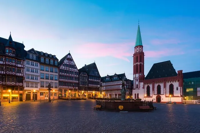 Framed Print : Frankfurt Old town square romerberg with Justitia statue in Frankfurt Germany Framed Print : Frankfurt Old town square romerberg with Justitia statue in Frankfurt Germany