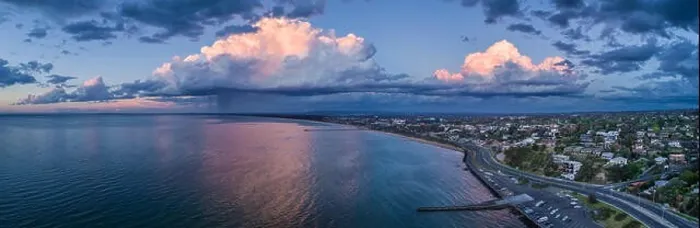Framed Print : Frankston coastline with stormy clouds and rain - wide aerial panoramic landscape Framed Print : Frankston coastline with stormy clouds and rain - wide aerial panoramic landscape