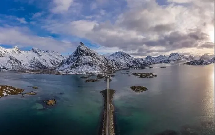 Framed Print : Fredvang Bridge, Car and Volandstind Mountain in Winter. Flakstadoya, Lofoten Islands, Landscape of Norway. Aerial View Framed Print : Fredvang Bridge, Car and Volandstind Mountain in Winter. Flakstadoya, Lofoten Islands, Landscape of Norway. Aerial View
