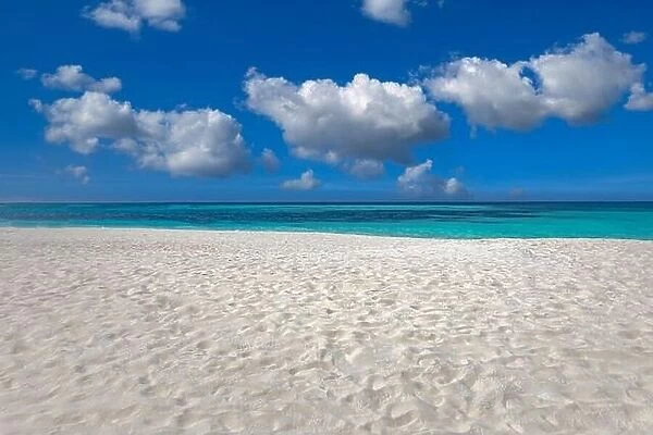Freedom beach. Closeup white sand, calm blue sea, sunny sky. Seascape horizon. Beautiful outdoor nature scenic, tropical Mediterranean ocean shore