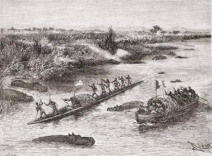 Framed Print : French and British explorers hunting hippopotamus on the Congo River in the 19th century Framed Print : French and British explorers hunting hippopotamus on the Congo River in the 19th century