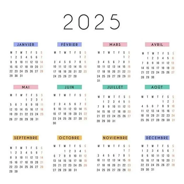 Framed Print : French calendar 2025 year. Vector stationery square calendar week starts Monday Framed Print : French calendar 2025 year. Vector stationery square calendar week starts Monday