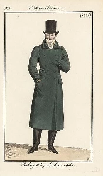 French gentleman in top hat, long coat with horizontal pockets, boots. Redingote a poches horizontales