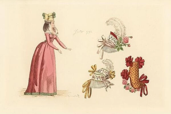French woman wearing the fashion of July 1792. She wears a bonnet with ribbons and bows, wig, fichu (neckerchief)