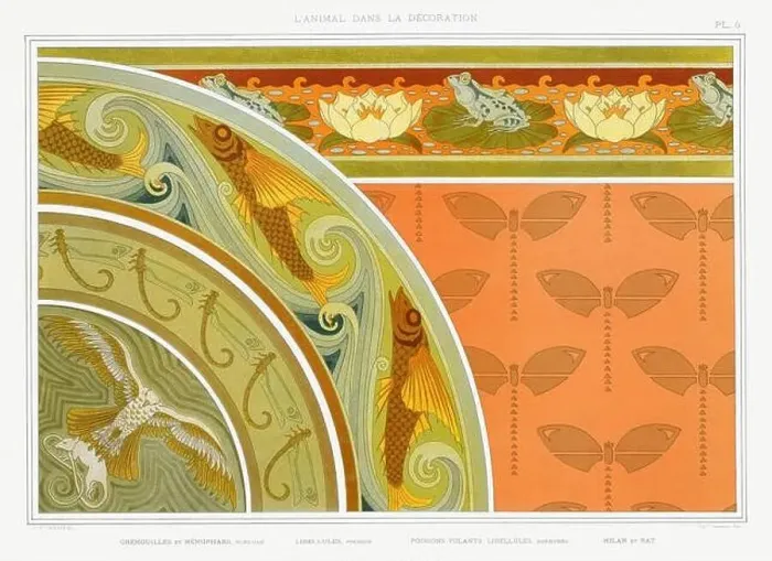 Framed Print : Frog-Dragonfly-Fish-Bird-Rat / llustration from L'animal dans la decoration (1897) by Maurice Pillard Verneuil Framed Print : Frog-Dragonfly-Fish-Bird-Rat / llustration from L'animal dans la decoration (1897) by Maurice Pillard Verneuil