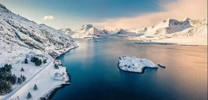 Framed Print : Frosty morning view from flying drone of Andopen fjord with Kakernbrua bridge on background