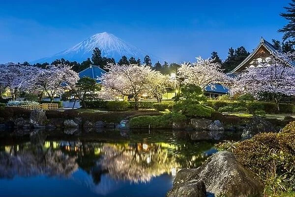 Fujinomiya, Shizuoka, Japan with Mt. Fuji and temples in spring season