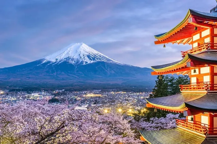 Framed Print : Fujiyoshida, Japan view of Mt. Fuji and pagoda in spring season Framed Print : Fujiyoshida, Japan view of Mt. Fuji and pagoda in spring season