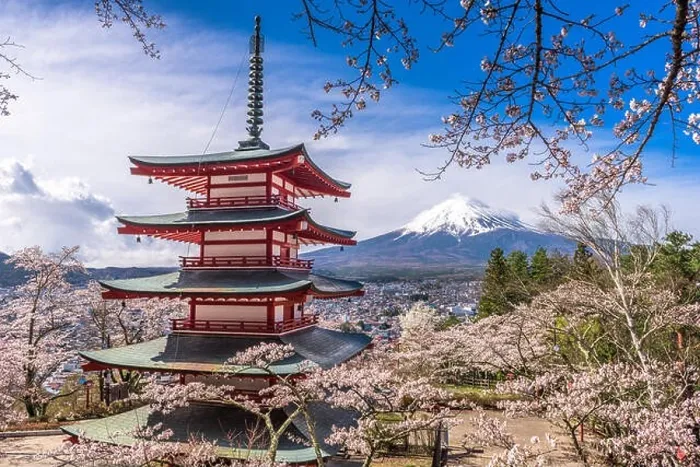 Framed Print : Fujiyoshida, Japan view of Mt. Fuji and pagoda in spring season Framed Print : Fujiyoshida, Japan view of Mt. Fuji and pagoda in spring season