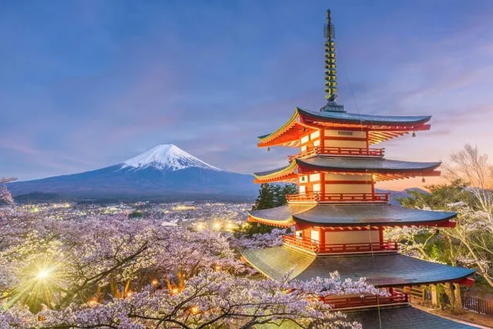 Framed Print : Fujiyoshida, Japan view of Mt. Fuji and pagoda in spring season Framed Print : Fujiyoshida, Japan view of Mt. Fuji and pagoda in spring season
