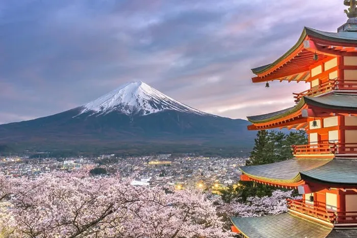 Framed Print : Fujiyoshida, Japan view of Mt. Fuji and pagoda in spring season with cherry blossoms at dusk Framed Print : Fujiyoshida, Japan view of Mt. Fuji and pagoda in spring season with cherry blossoms at dusk