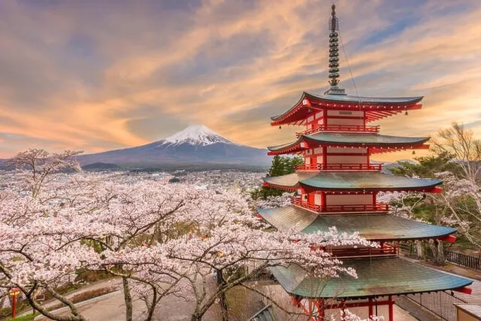 Framed Print : Fujiyoshida, Japan view of Mt. Fuji and pagoda in spring season with cherry blossoms at dusk Framed Print : Fujiyoshida, Japan view of Mt. Fuji and pagoda in spring season with cherry blossoms at dusk