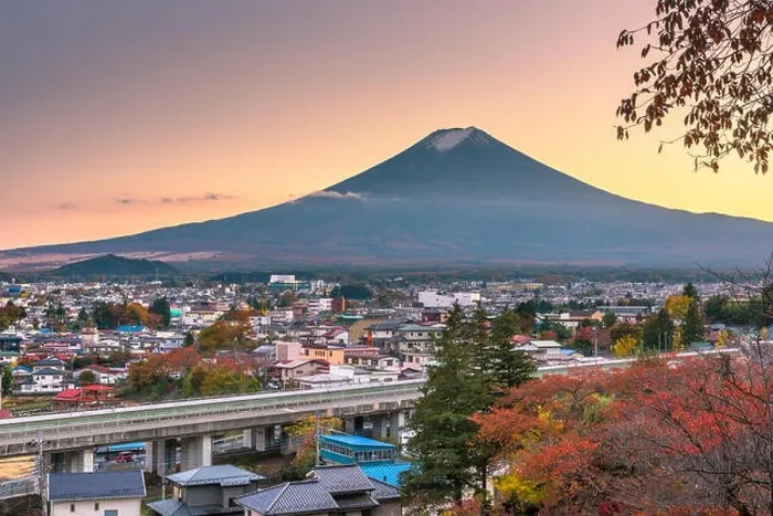 Framed Print : Fujiyoshida, Yamanashi, Japan town skyline in autumn at dusk with Mt. Fuji