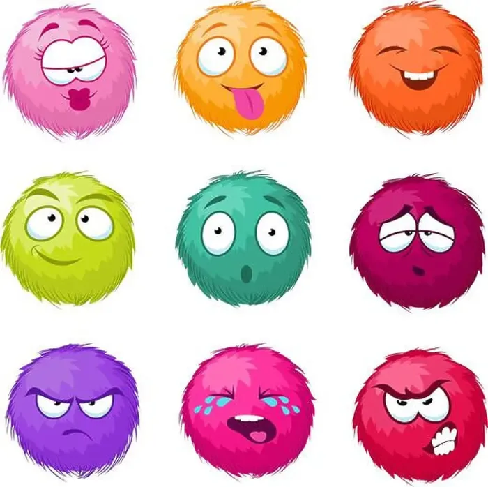 Framed Print : Funny colorful cartoon fluffy ball vector fuzzy characters set