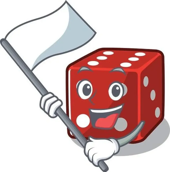 Framed Print : Funny dice cartoon character style holding a standing flag Framed Print : Funny dice cartoon character style holding a standing flag