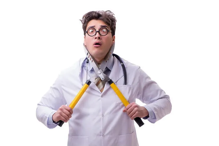 Framed Print : Funny doctor with shears isolated on white Framed Print : Funny doctor with shears isolated on white