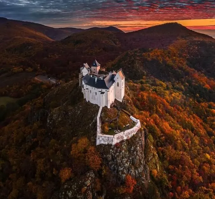 Framed Print : Fuzer, Hungary - Aerial view of the beautiful Castle of Fuzer with amazing colorful sunrise sky Framed Print : Fuzer, Hungary - Aerial view of the beautiful Castle of Fuzer with amazing colorful sunrise sky