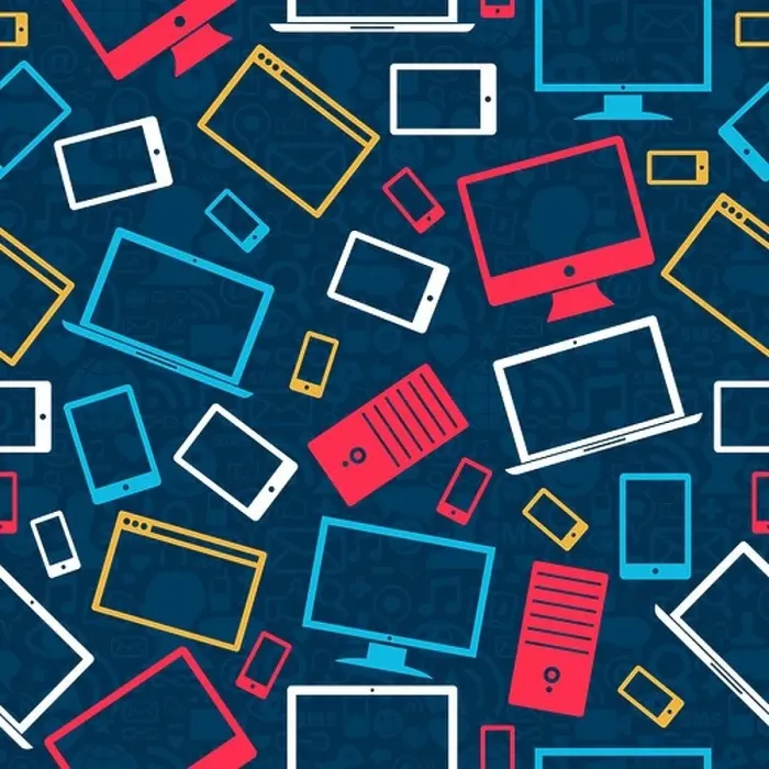 Framed Print : Gadgets icons seamless pattern over social media background