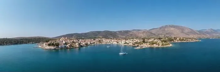 Framed Print : Galaxidi Greece, aerial panoramic drone view. Traditional town in Fokida, seaside buildings, calm sea, sunny day Framed Print : Galaxidi Greece, aerial panoramic drone view. Traditional town in Fokida, seaside buildings, calm sea, sunny day