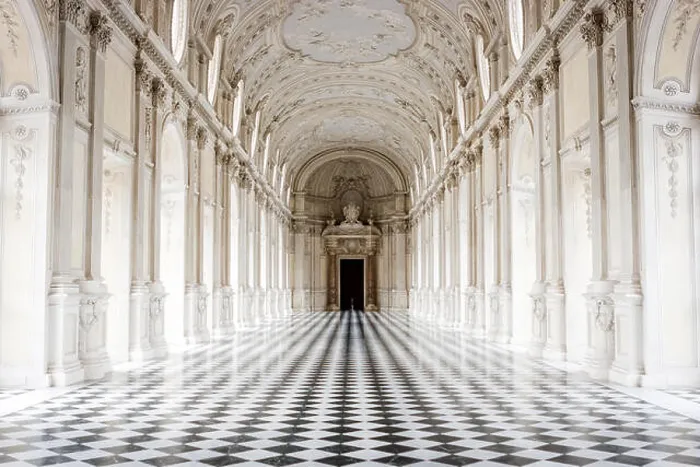 Framed Print : The Galleria Grande with its famous checkered floor, Venaria Reale Palace, Turin, Italy Framed Print : The Galleria Grande with its famous checkered floor, Venaria Reale Palace, Turin, Italy