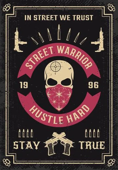 Framed Print : Gangster colored poster with male skull in bandana firearms and bullets on textural black background vector illustration Framed Print : Gangster colored poster with male skull in bandana firearms and bullets on textural black background vector illustration
