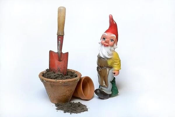 Garden gnome and garden tools, Germany