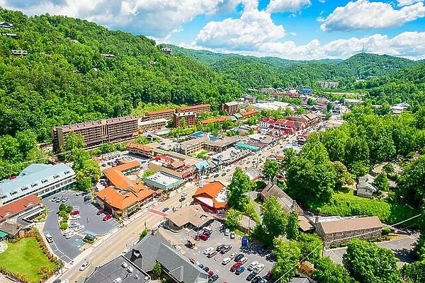 Gatlinburg, Tennessee, USA downtown viewed from above in the summer season