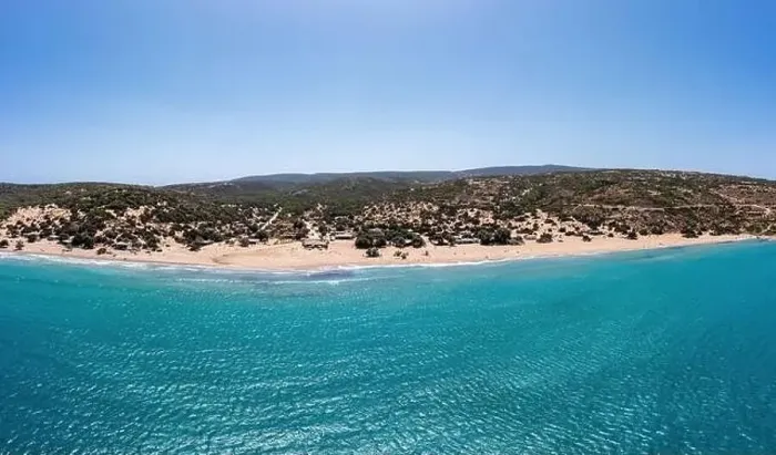 Framed Print : Gavdos island, Crete, Greece. Aerial drone panoramic view of sandy beach Framed Print : Gavdos island, Crete, Greece. Aerial drone panoramic view of sandy beach