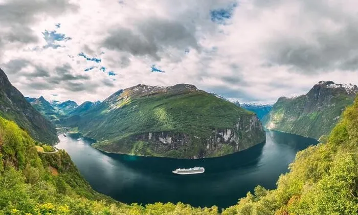 Framed Print : Geirangerfjord, Norway. Touristic Ship Ferry Boat Cruise Ship Liner Floating Near Geiranger In Geirangerfjorden In Summer Day. Famous Norwegian Landma