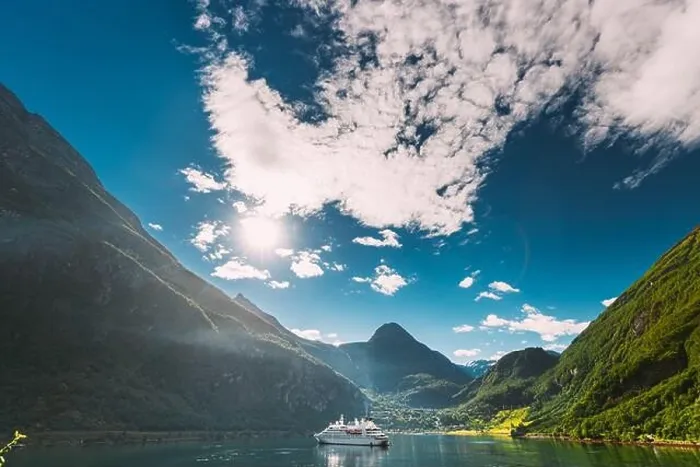 Framed Print : Geirangerfjord, Norway. Touristic Ship Ferry Boat Cruise Ship Liner Floating Near Geiranger In Geirangerfjorden In Sunny Summer Day. Famous Norwegian