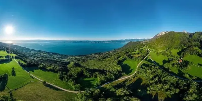 Framed Print : Geneva lake aerial panoramic view from drone, sunset time, France Framed Print : Geneva lake aerial panoramic view from drone, sunset time, France