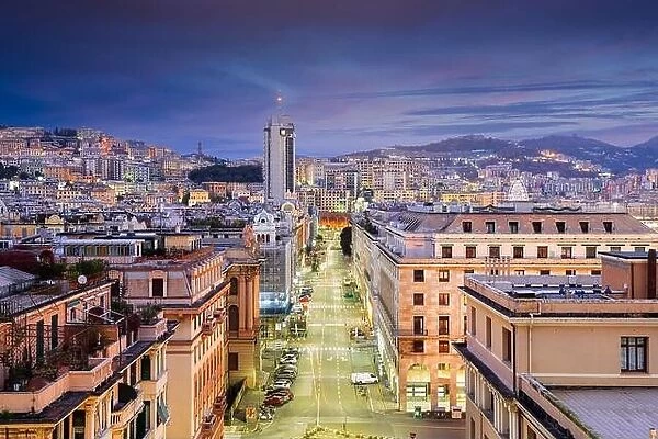 Genoa, Italy cityscape at dusk over Brigata Liguria Street