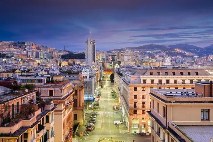 Framed Print : Genoa, Italy cityscape at dusk over Brigata Liguria Street Framed Print : Genoa, Italy cityscape at dusk over Brigata Liguria Street