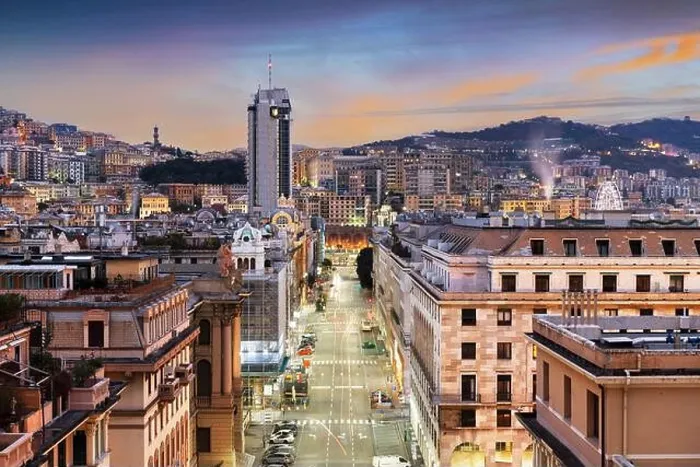 Framed Print : Genoa, Italy cityscape at dusk over Brigata Liguria Street Framed Print : Genoa, Italy cityscape at dusk over Brigata Liguria Street