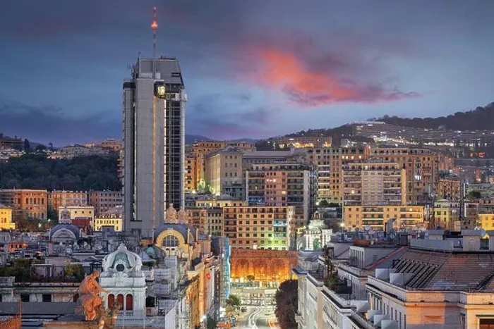 Framed Print : Genoa, Italy cityscape at dusk over Brigata Liguria Street Framed Print : Genoa, Italy cityscape at dusk over Brigata Liguria Street
