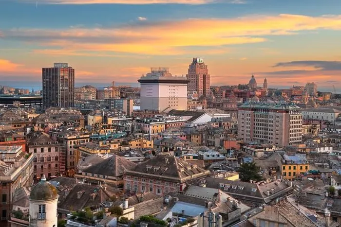 Framed Print : Genoa, Liguria, Italy downtown city skyline from above at dusk Framed Print : Genoa, Liguria, Italy downtown city skyline from above at dusk
