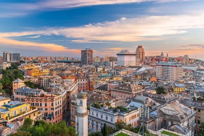 Framed Print : Genoa, Liguria, Italy downtown city skyline from above at dusk Framed Print : Genoa, Liguria, Italy downtown city skyline from above at dusk
