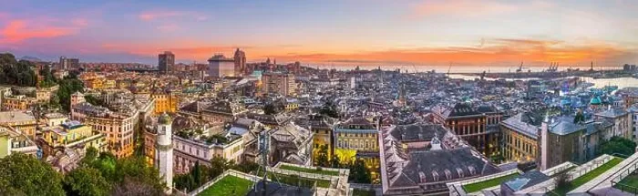 Framed Print : Genoa, Liguria, Italy downtown city skyline from above at dusk Framed Print : Genoa, Liguria, Italy downtown city skyline from above at dusk