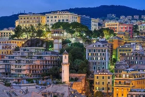 Genova, Italy city skyline view towards the historic belvedere castelletto at twilight